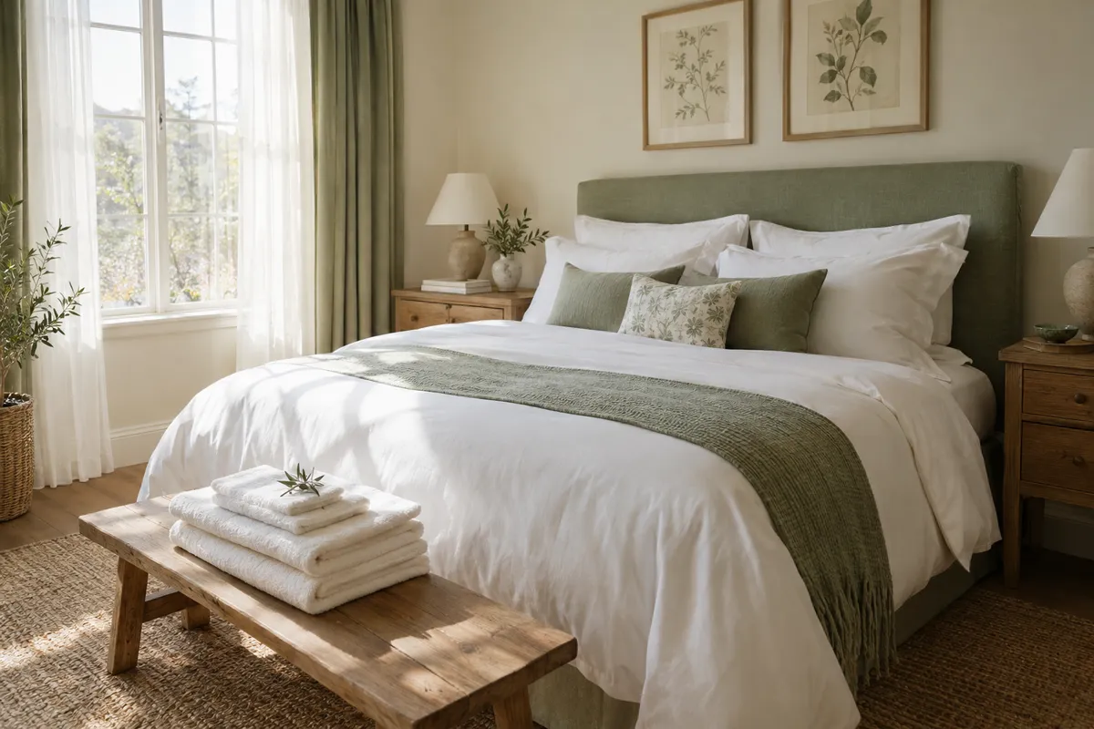 Habitación luminosa con cama de lino blanco y toallas dobladas